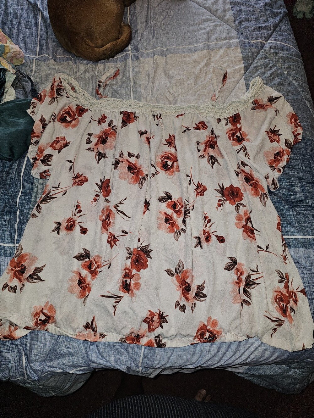Women’s Off-Shoulder Floral Blouse in Cream with Pink-Red Roses